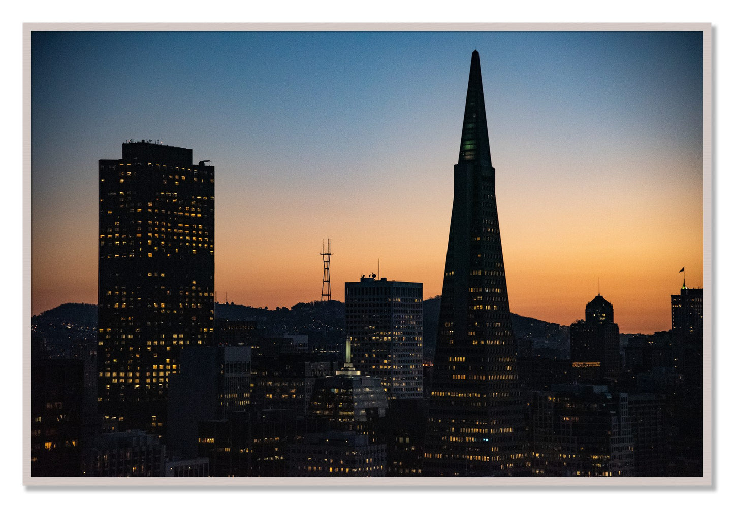 Framed photograph of San Francisco Skyline by Dylan Ozanich, White Maple frame, Full Bleed
