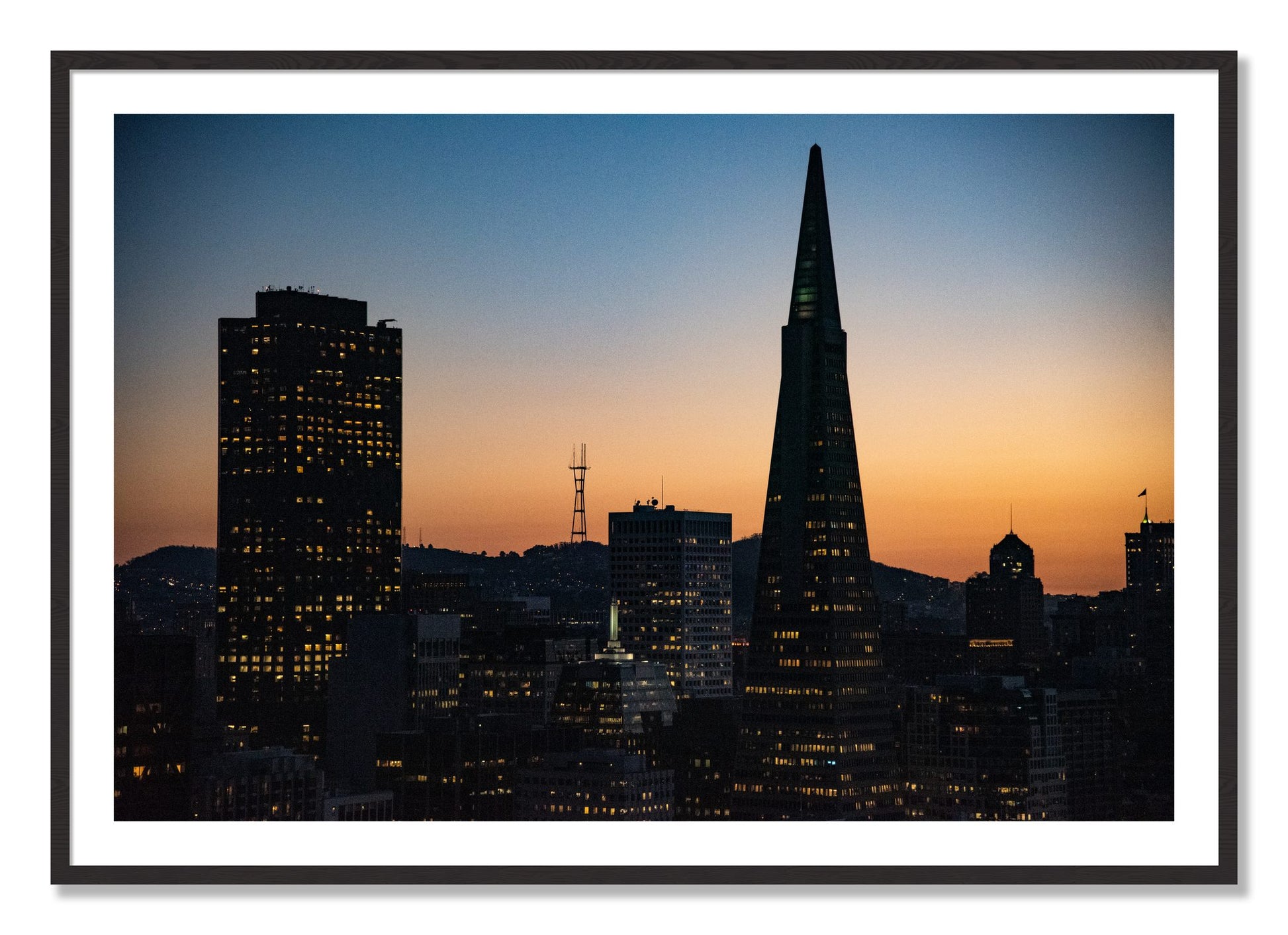 Framed photograph of San Francisco Skyline by Dylan Ozanich, Black Walnut frame, Borders