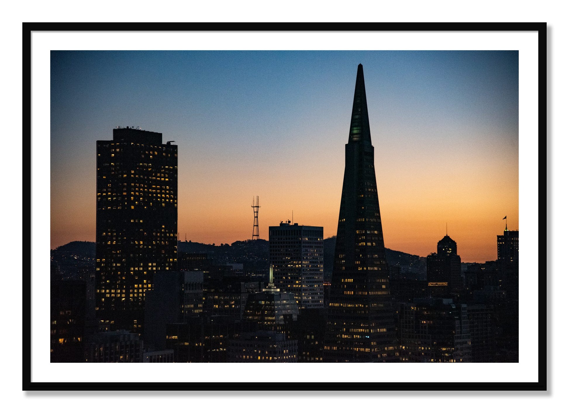 Framed photograph of San Francisco Skyline by Dylan Ozanich, Black frame, Borders