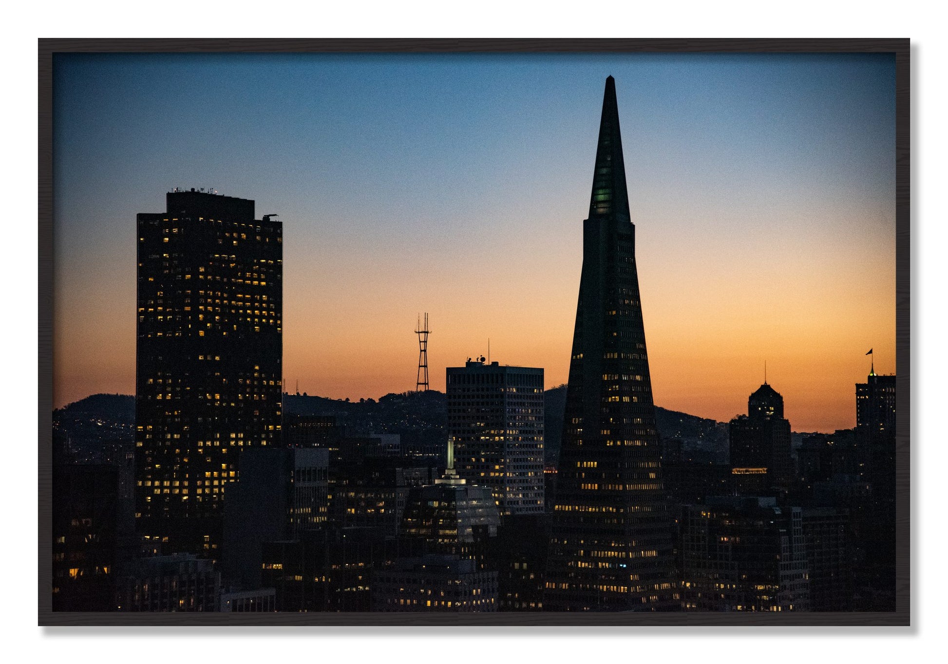 Framed photograph of San Francisco Skyline by Dylan Ozanich, Black Walnut frame, Full Bleed