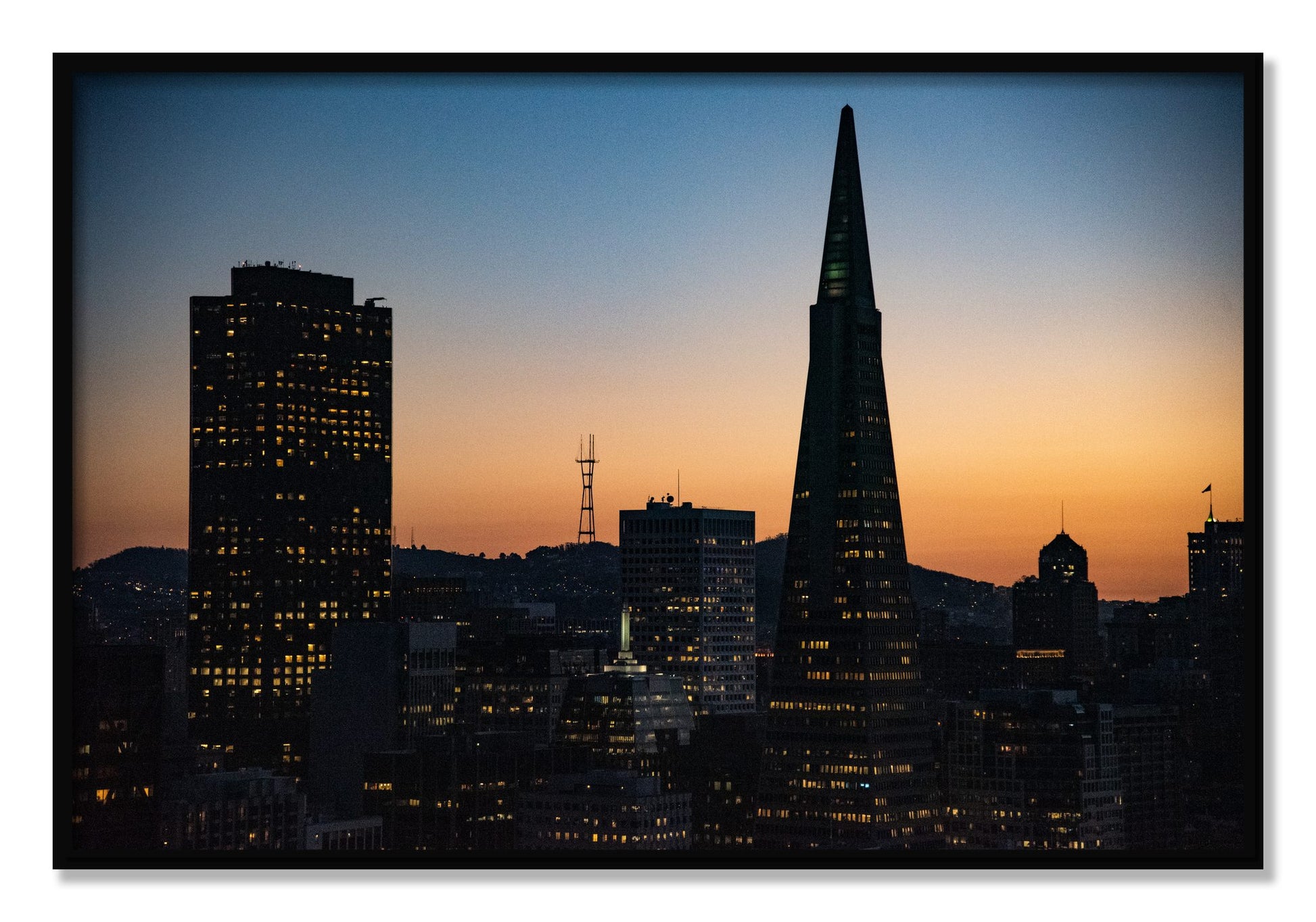 Framed photograph of San Francisco Skyline by Dylan Ozanich, Black frame, Full Bleed