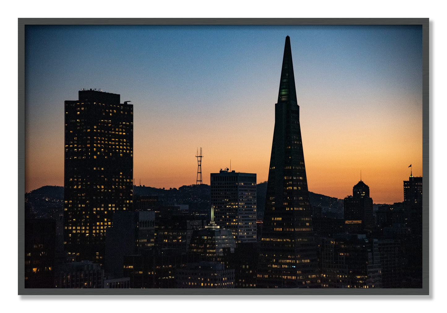 Framed photograph of San Francisco Skyline by Dylan Ozanich, Grey frame, Full Bleed