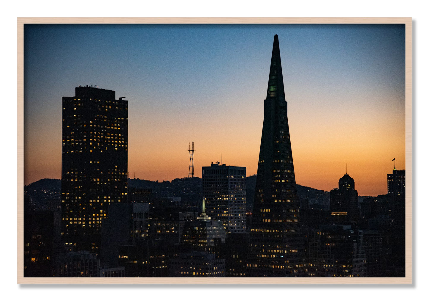Framed photograph of San Francisco Skyline by Dylan Ozanich, Maple frame, Full Bleed