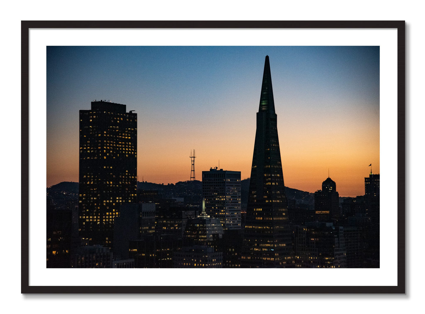 Framed photograph of San Francisco Skyline by Dylan Ozanich, Black Walnut frame, Borders