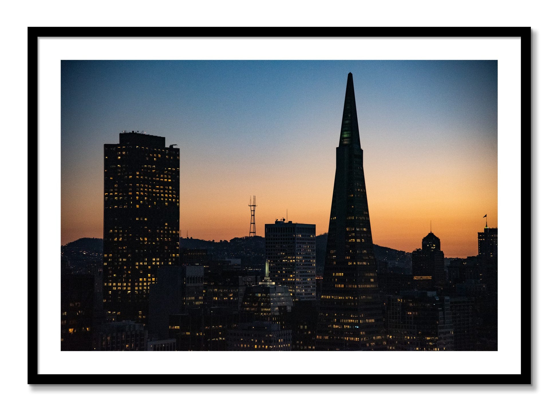 Framed photograph of San Francisco Skyline by Dylan Ozanich, Black frame, Borders