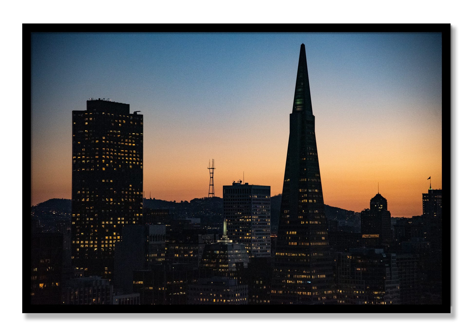 Framed photograph of San Francisco Skyline by Dylan Ozanich, Black frame, Full Bleed