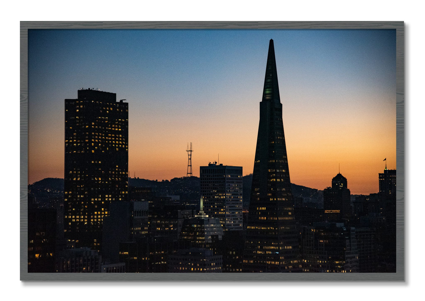 Framed photograph of San Francisco Skyline by Dylan Ozanich, Grey frame, Full Bleed