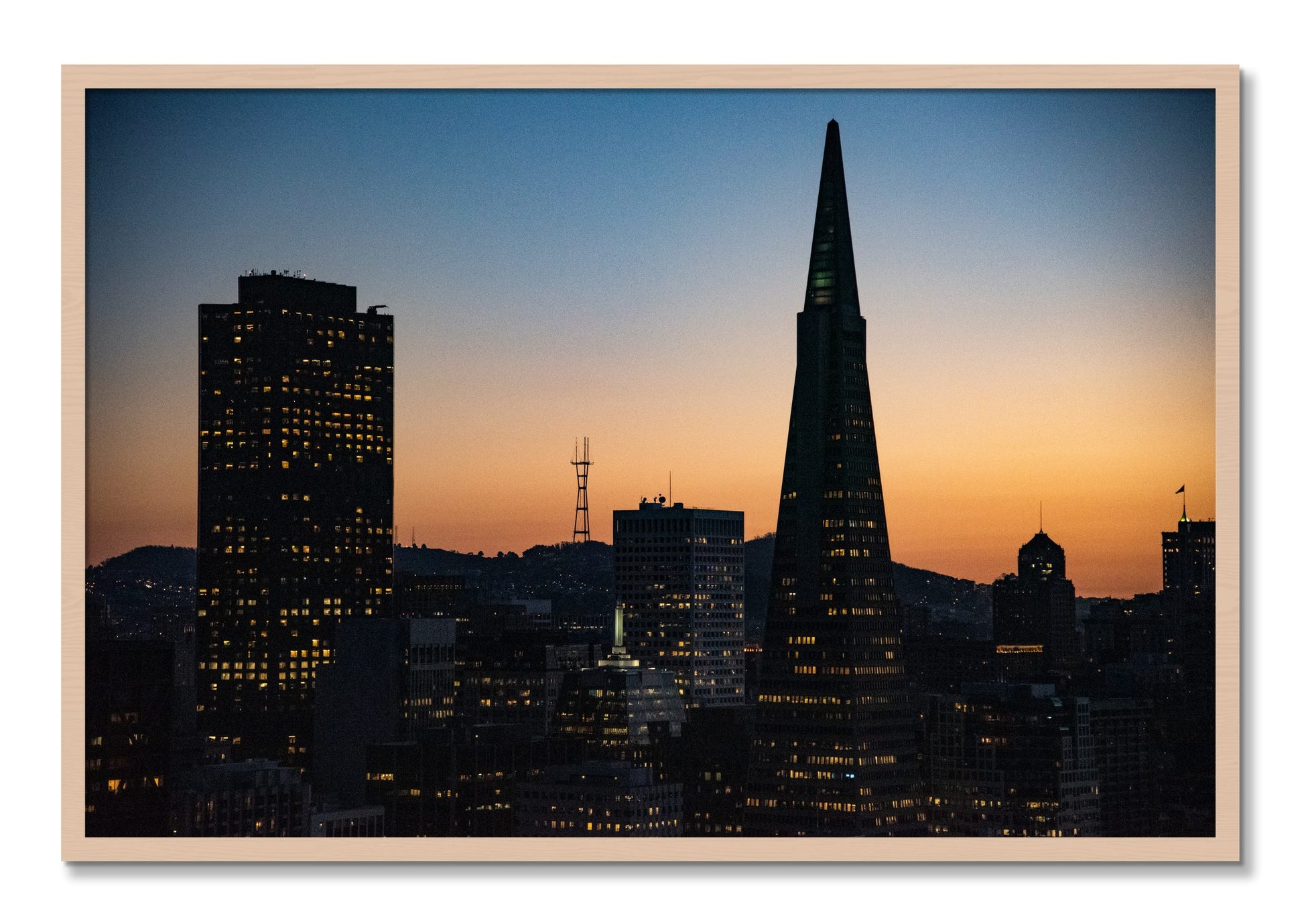 Framed photograph of San Francisco Skyline by Dylan Ozanich, Maple frame, Full Bleed