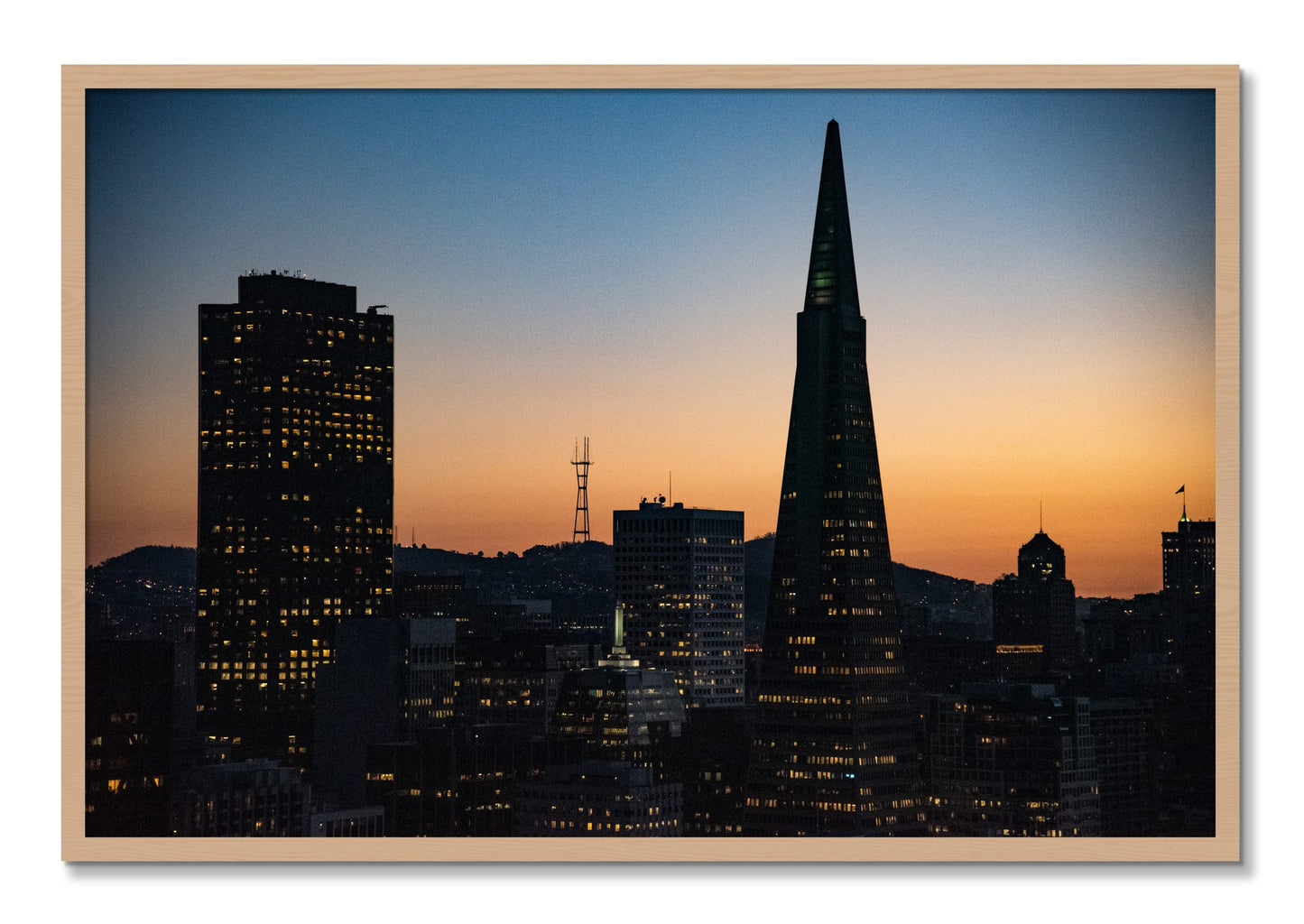 Framed photograph of San Francisco Skyline by Dylan Ozanich, Oak frame, Full Bleed