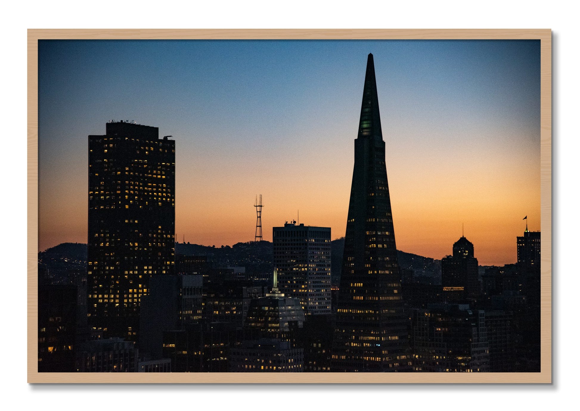 Framed photograph of San Francisco Skyline by Dylan Ozanich, Oak frame, Full Bleed
