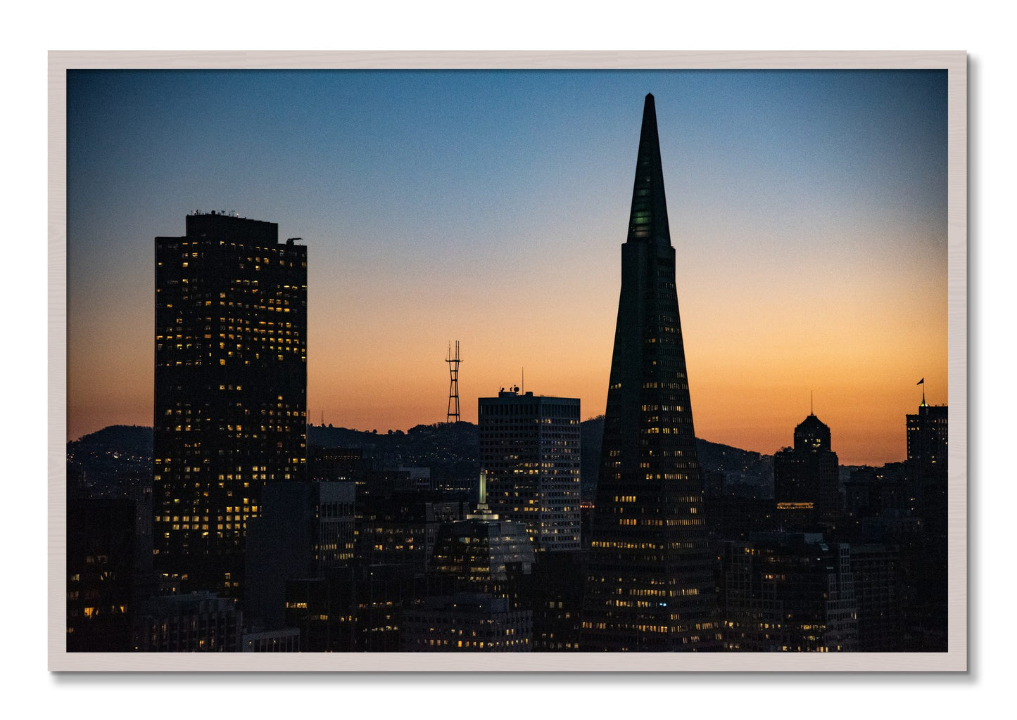 Framed photograph of San Francisco Skyline by Dylan Ozanich, White Maple frame, Full Bleed