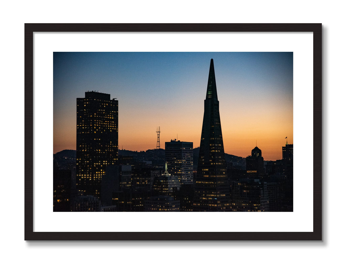 Framed photograph of San Francisco Skyline by Dylan Ozanich, Black frame, Borders