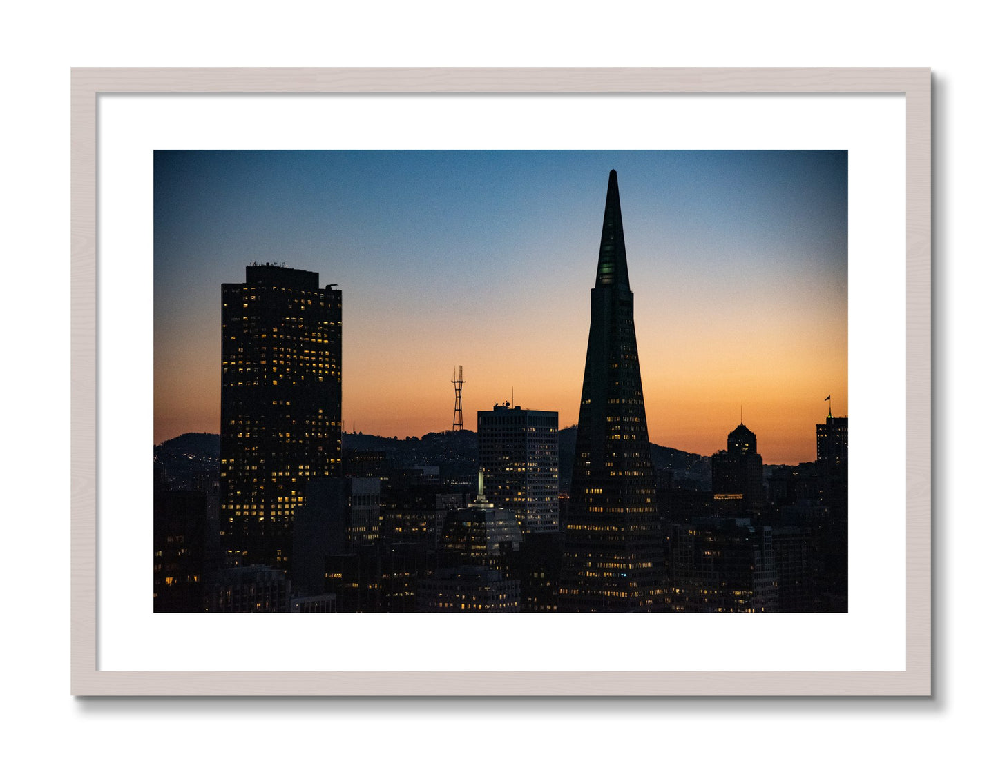 Framed photograph of San Francisco Skyline by Dylan Ozanich, White Maple frame, Borders