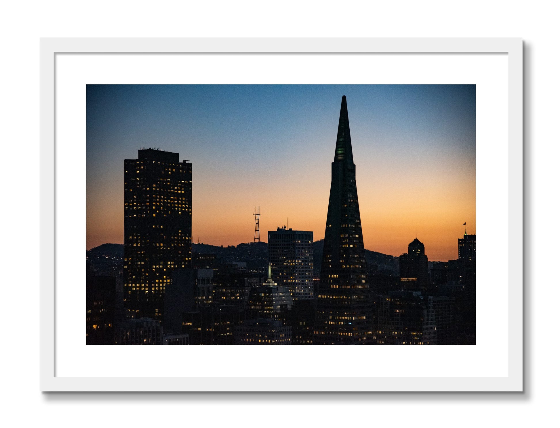 Framed photograph of San Francisco Skyline by Dylan Ozanich, White frame, Borders