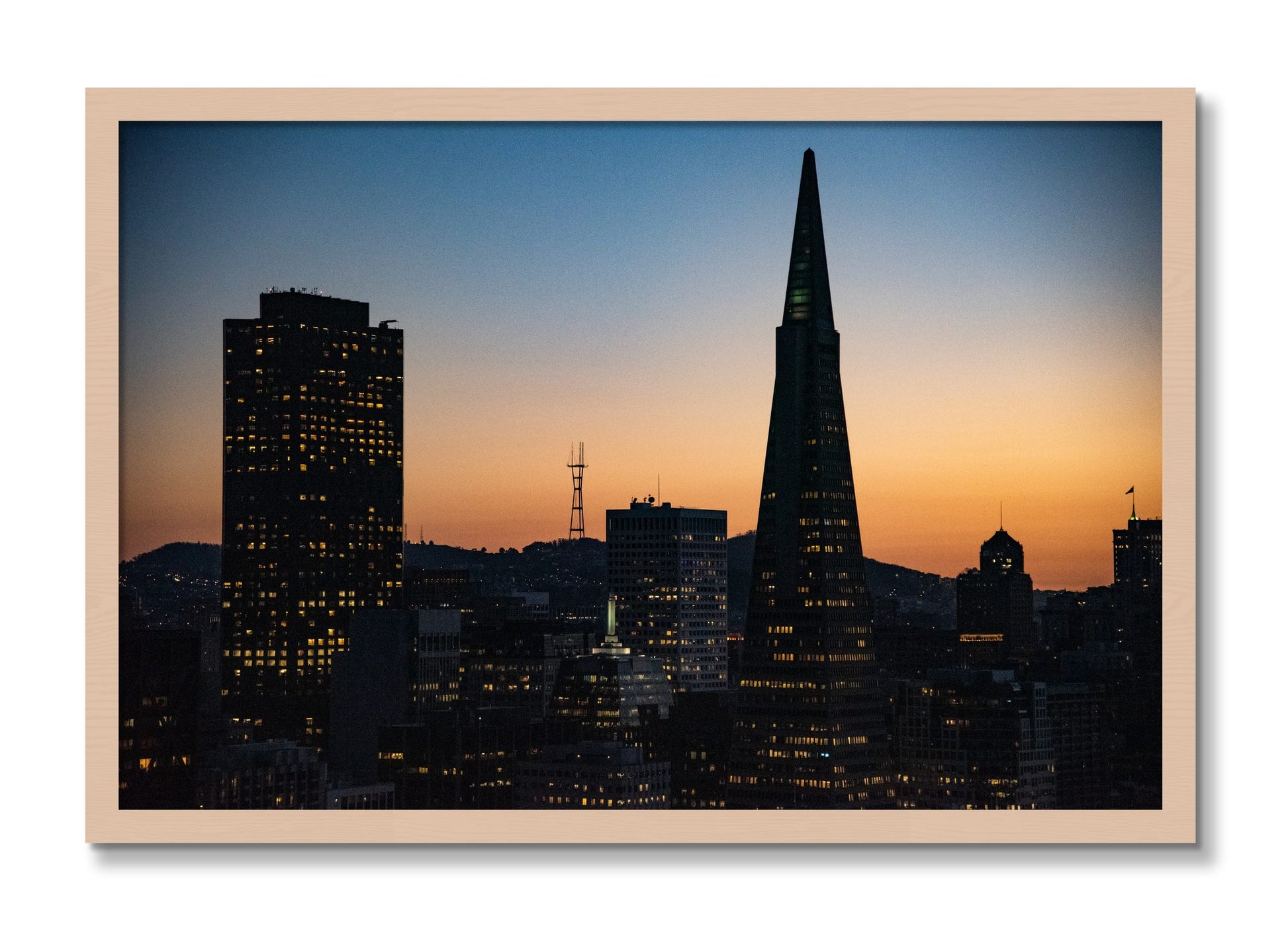 Framed photograph of San Francisco Skyline by Dylan Ozanich, Maple frame, Full Bleed