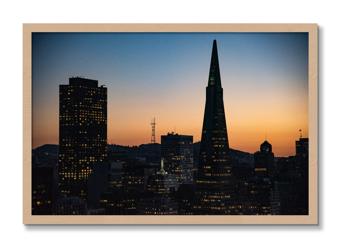 Framed photograph of San Francisco Skyline by Dylan Ozanich, Oak frame, Full Bleed