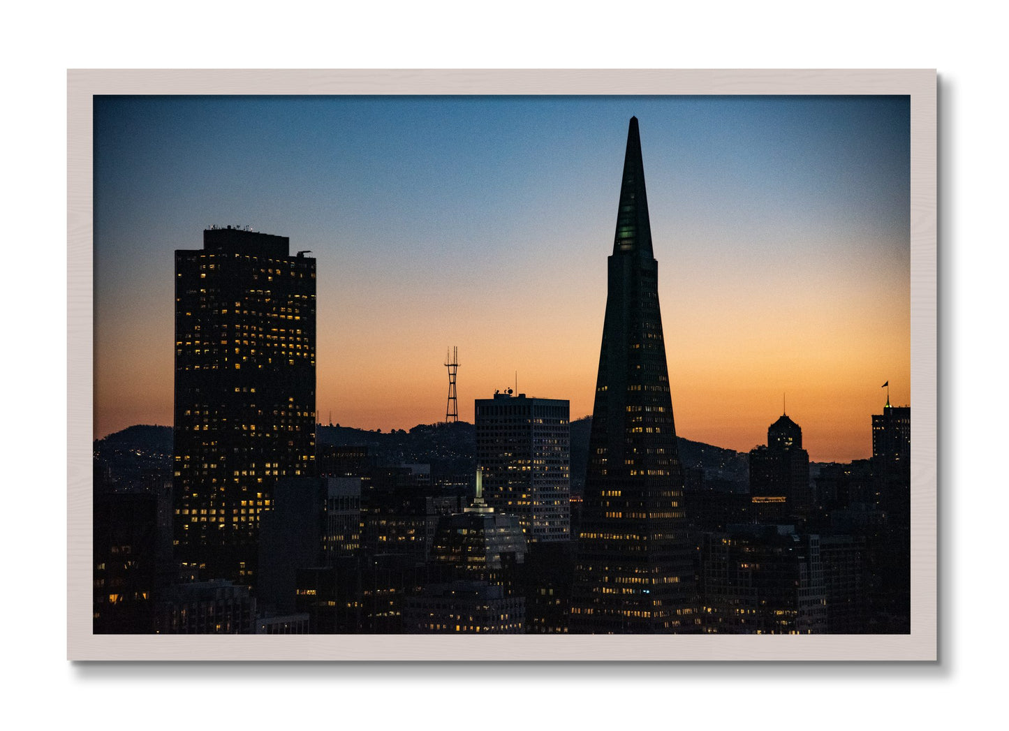 Framed photograph of San Francisco Skyline by Dylan Ozanich, White Maple frame, Full Bleed
