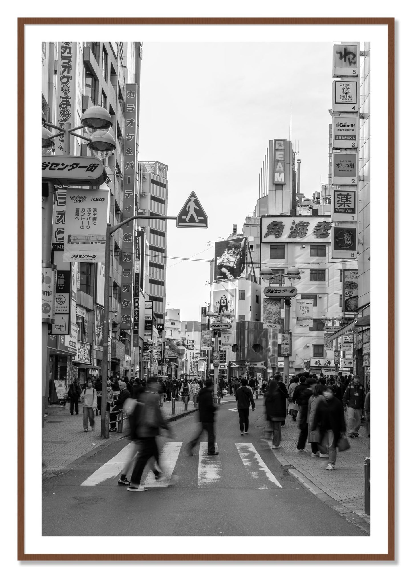 Framed photograph of Shibuya by Dylan Ozanich, Walnut frame, Borders