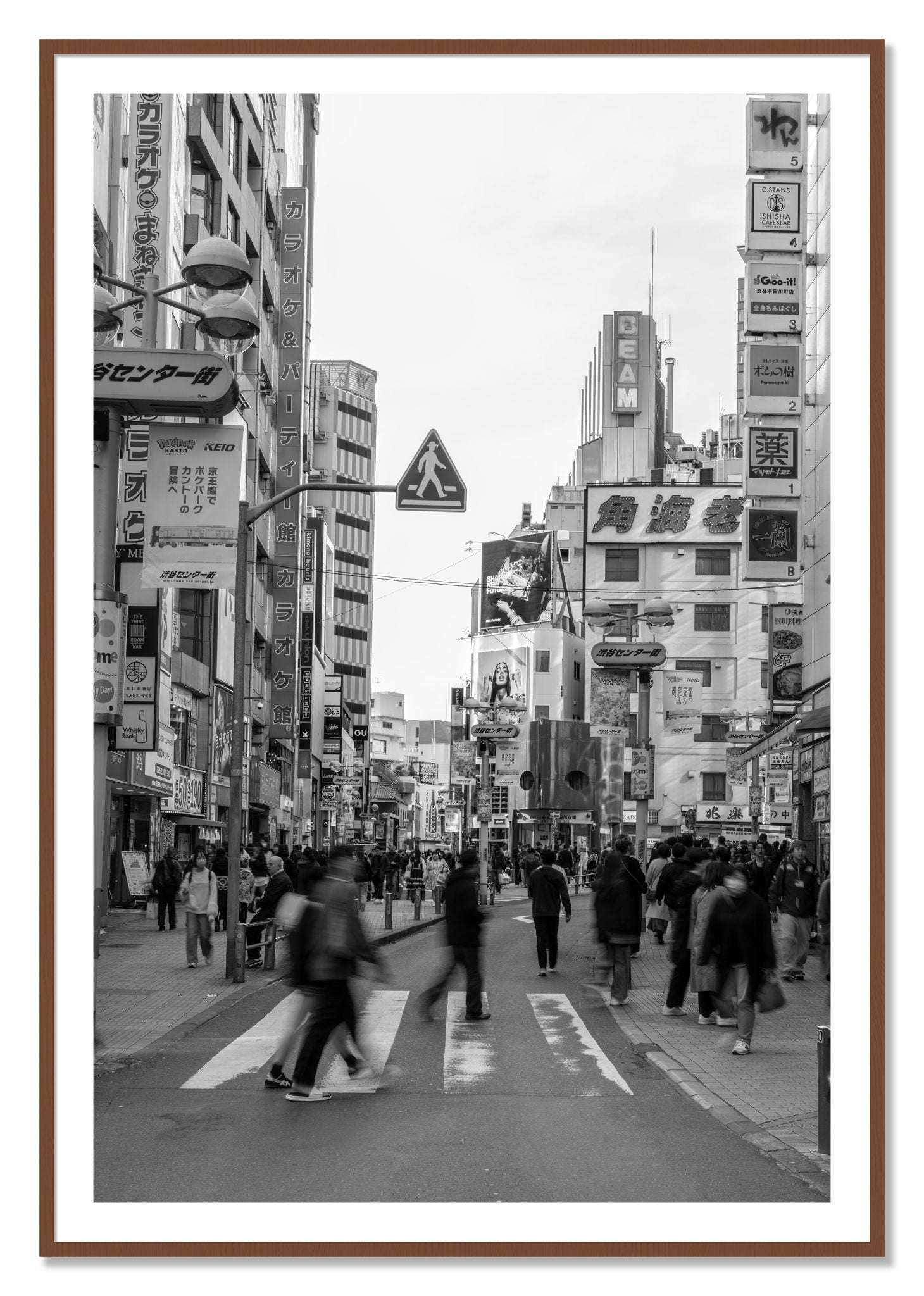 Framed photograph of Shibuya by Dylan Ozanich, Walnut frame, Borders