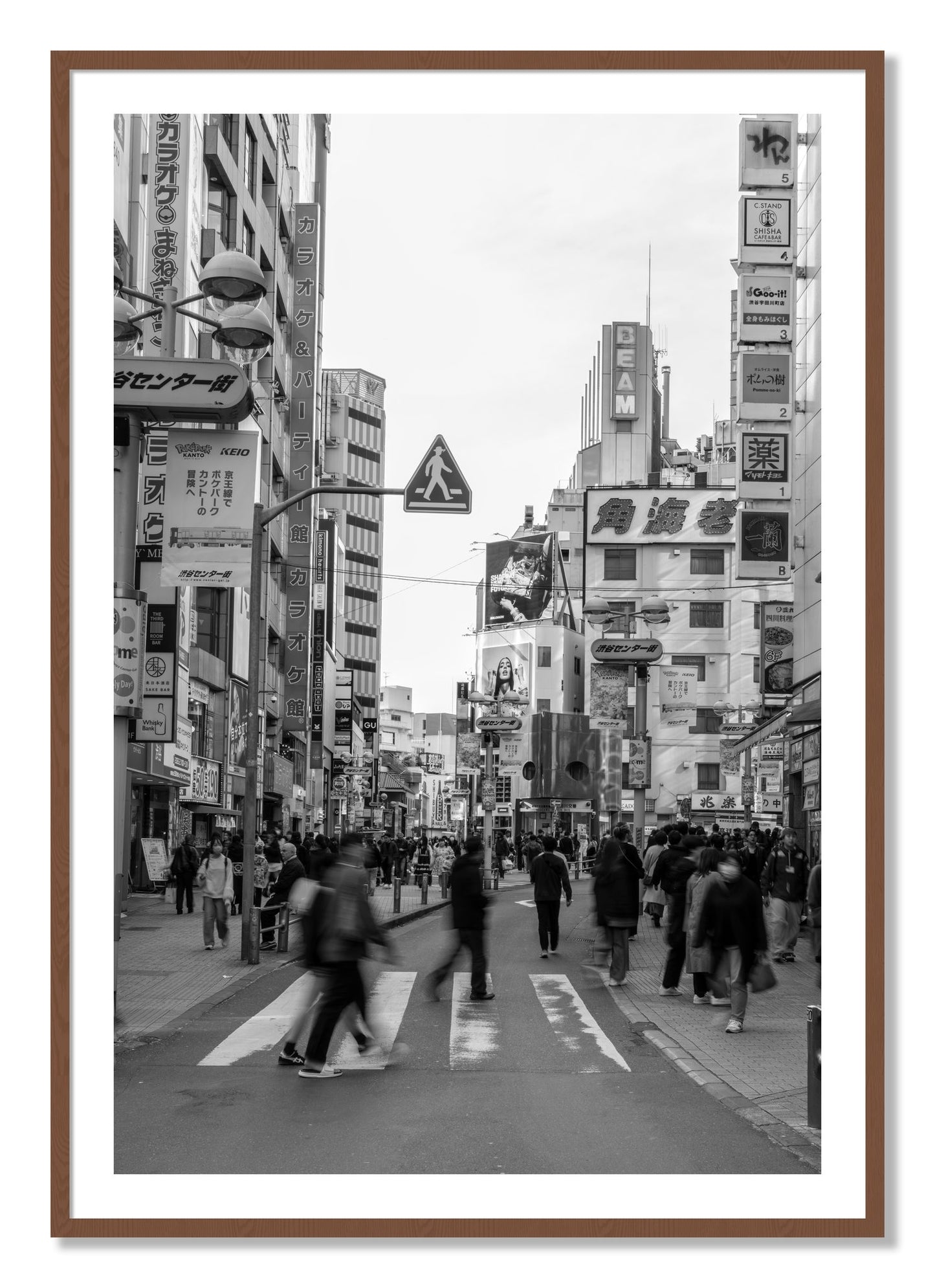 Framed photograph of Shibuya by Dylan Ozanich, Walnut frame, Borders