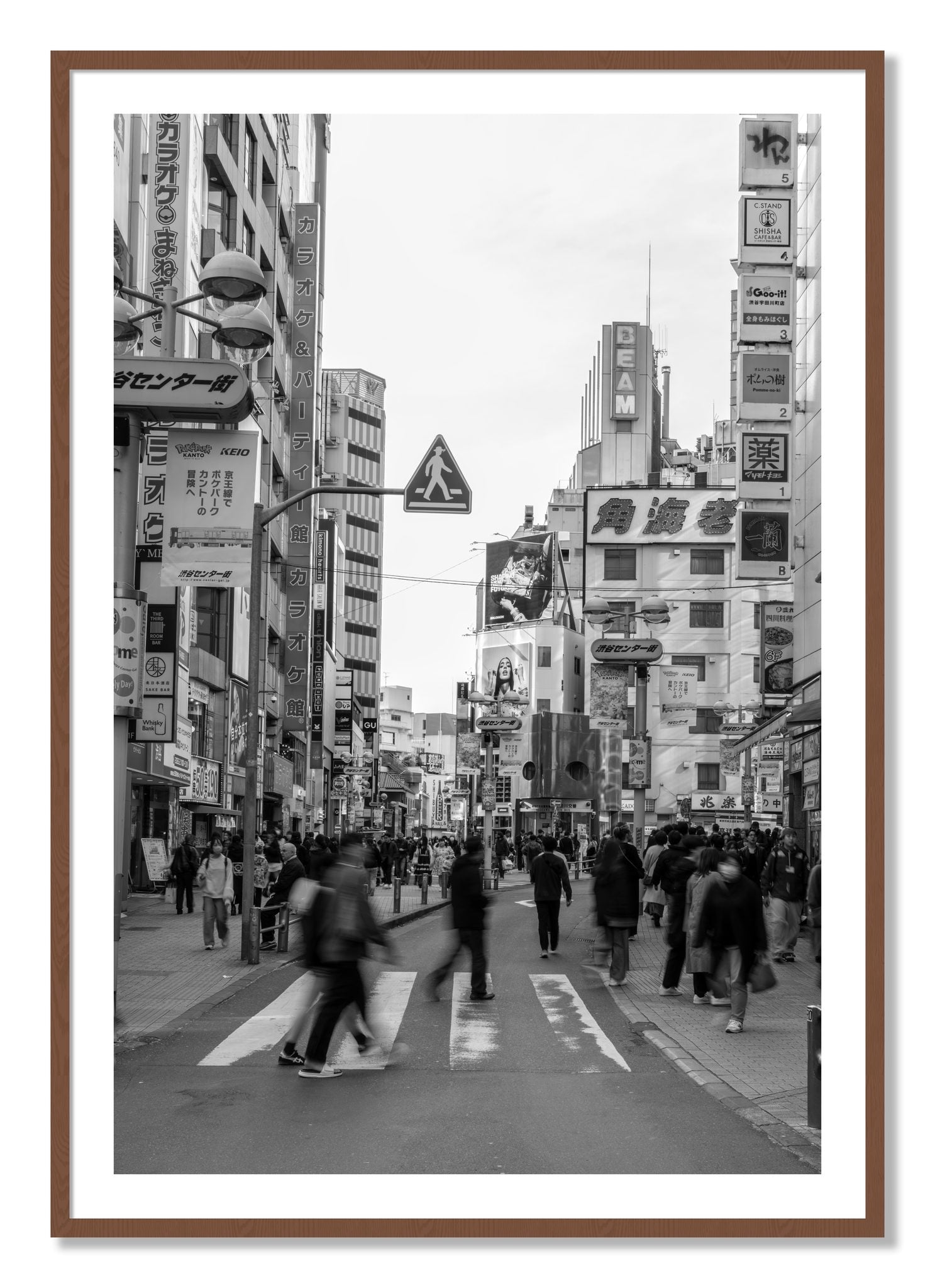 Framed photograph of Shibuya by Dylan Ozanich, Walnut frame, Borders
