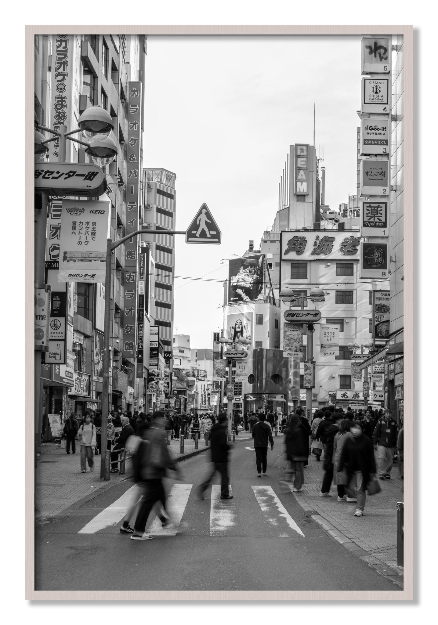 Framed photograph of Shibuya by Dylan Ozanich, White Maple frame, Full Bleed