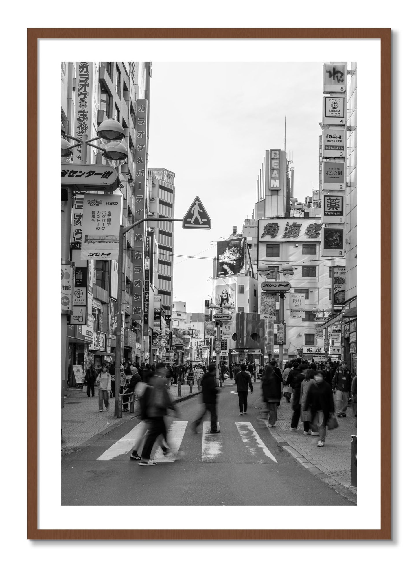 Framed photograph of Shibuya by Dylan Ozanich, Walnut frame, Borders