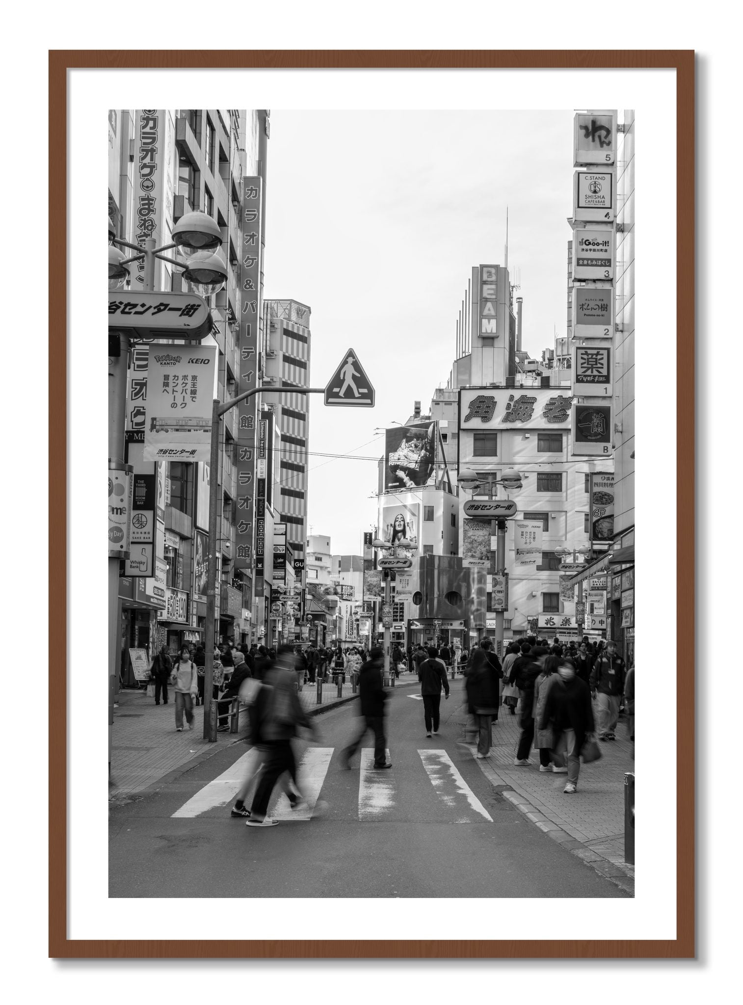 Framed photograph of Shibuya by Dylan Ozanich, Walnut frame, Borders