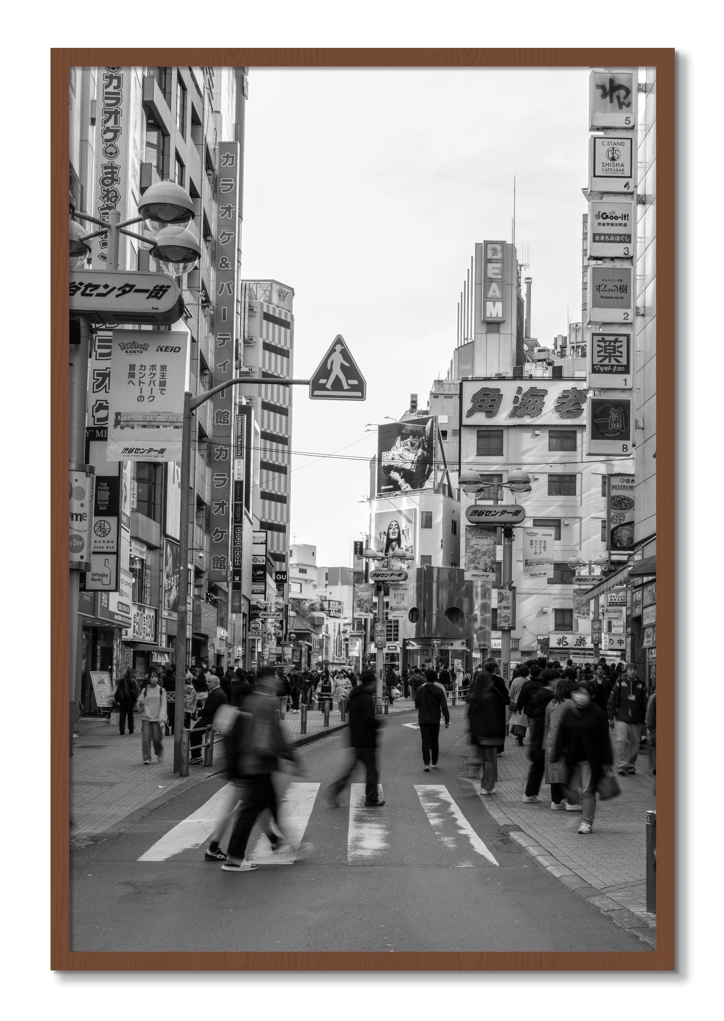 Framed photograph of Shibuya by Dylan Ozanich, Walnut frame, Full Bleed