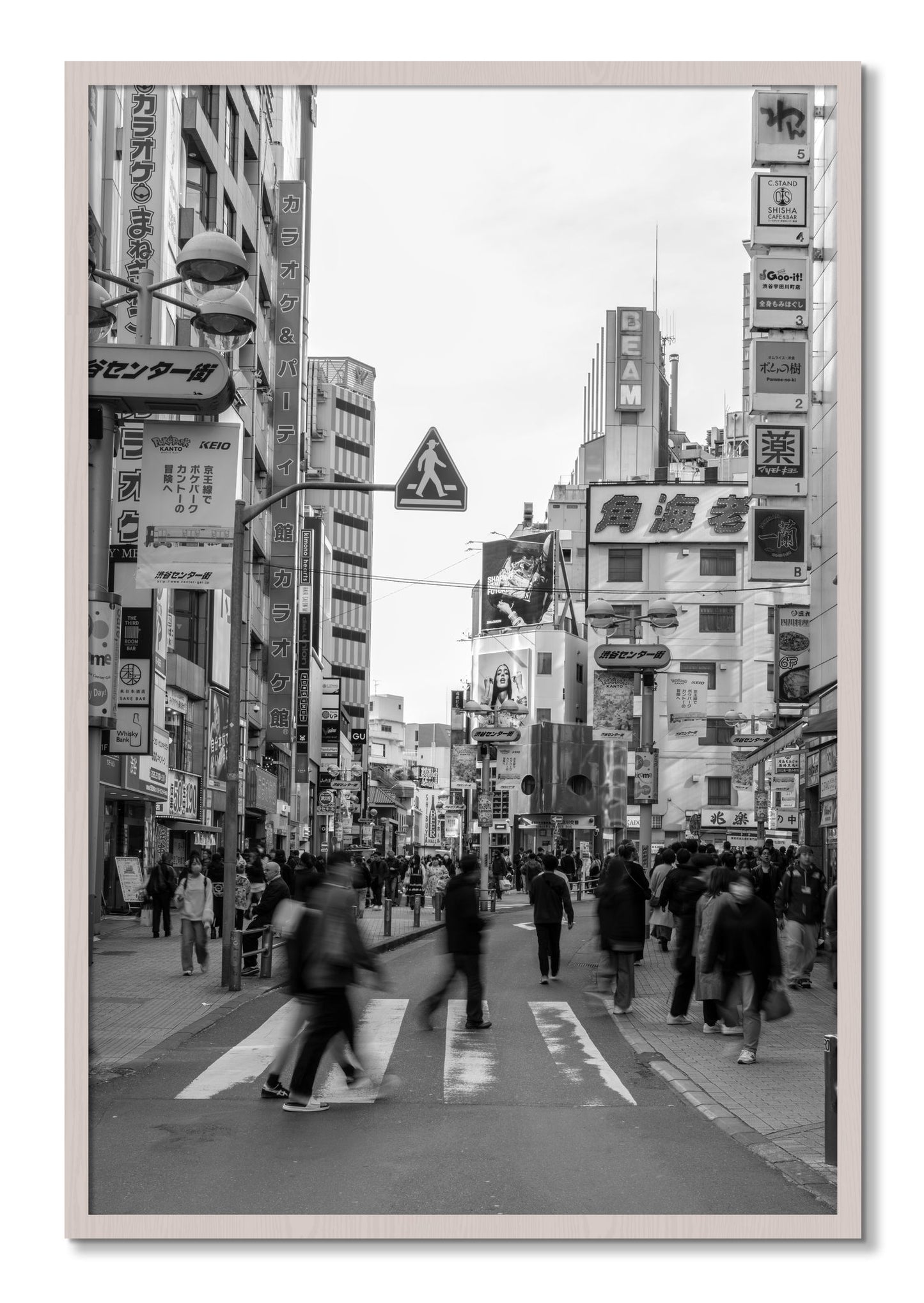 Framed photograph of Shibuya by Dylan Ozanich, White Maple frame, Full Bleed