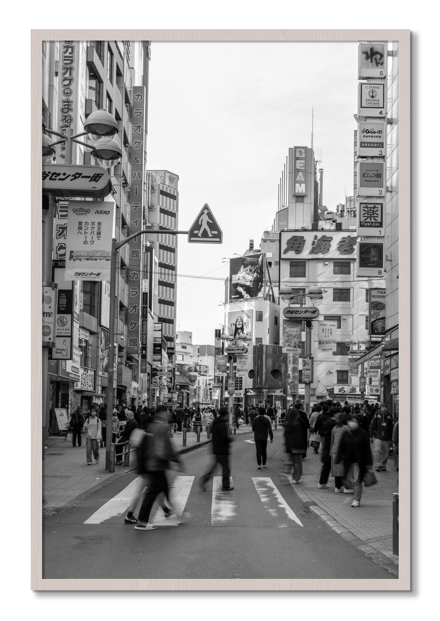 Framed photograph of Shibuya by Dylan Ozanich, White Maple frame, Full Bleed