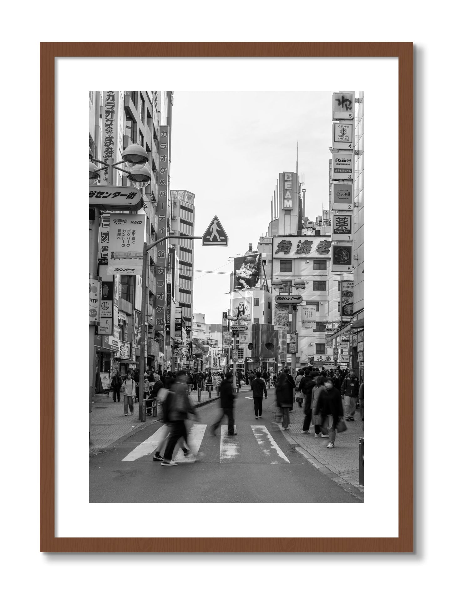 Framed photograph of Shibuya by Dylan Ozanich, Walnut frame, Borders