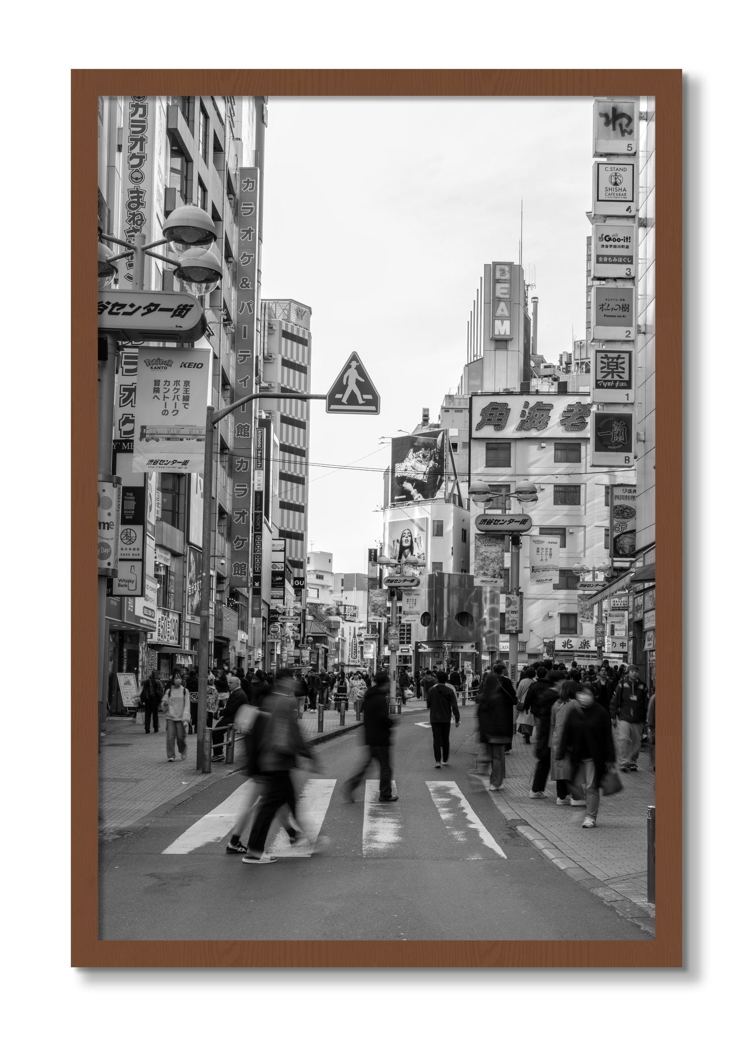 Framed photograph of Shibuya by Dylan Ozanich, Walnut frame, Full Bleed
