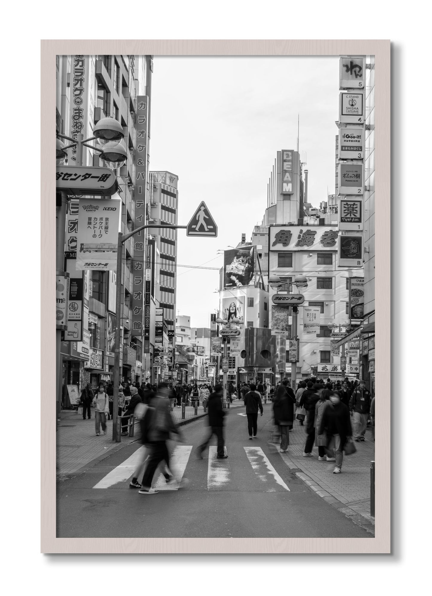 Framed photograph of Shibuya by Dylan Ozanich, White Maple frame, Full Bleed