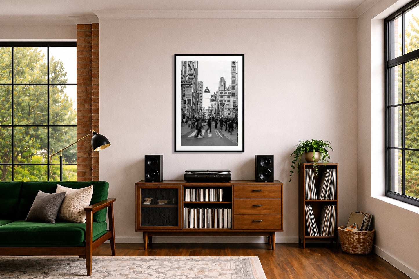 Shibuya by Dylan Ozanich in a Black frame, above a record credenza in a listening room with a green velvet sofa