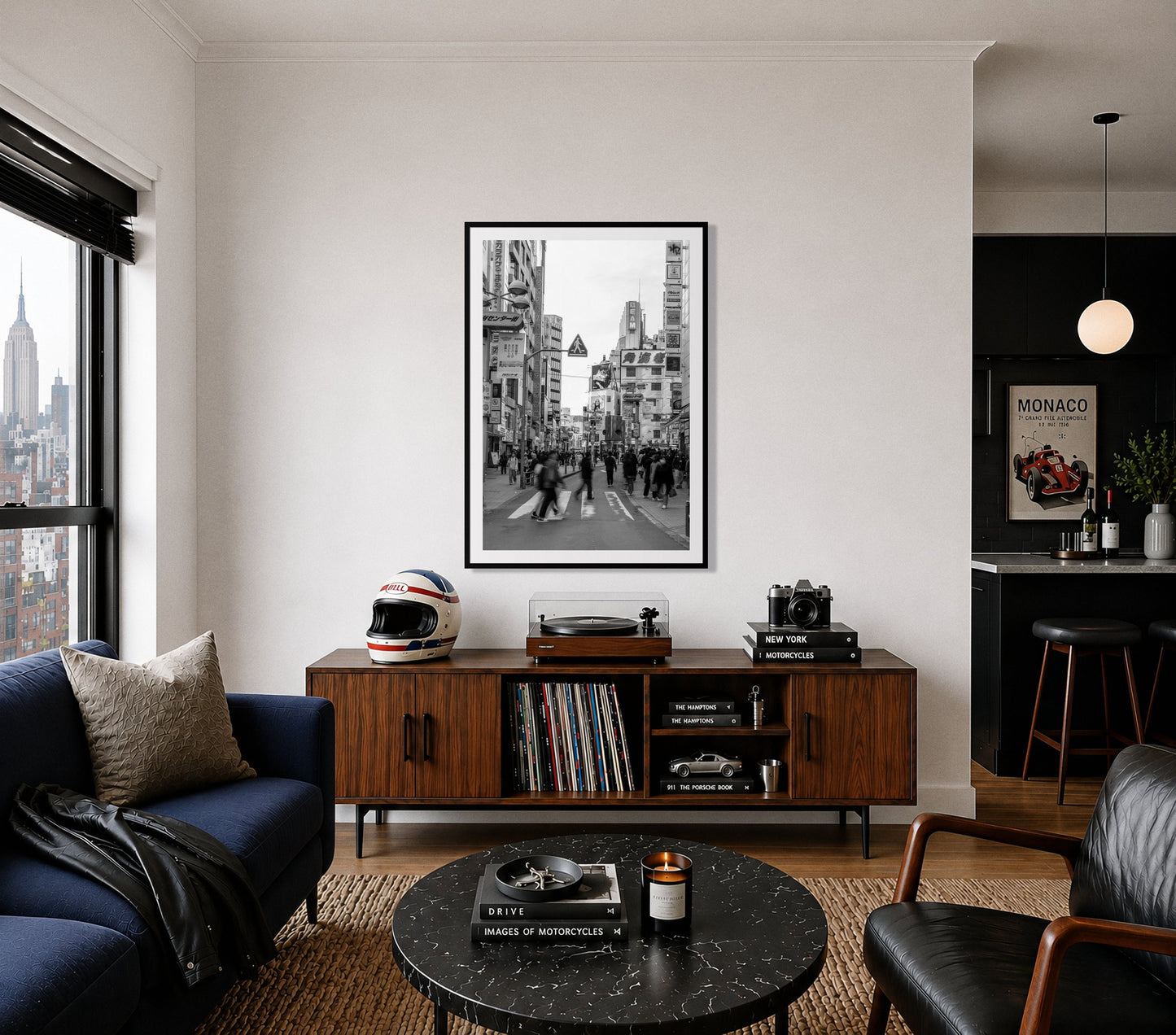 Framed photograph of Shibuya by Dylan Ozanich displayed on a wall