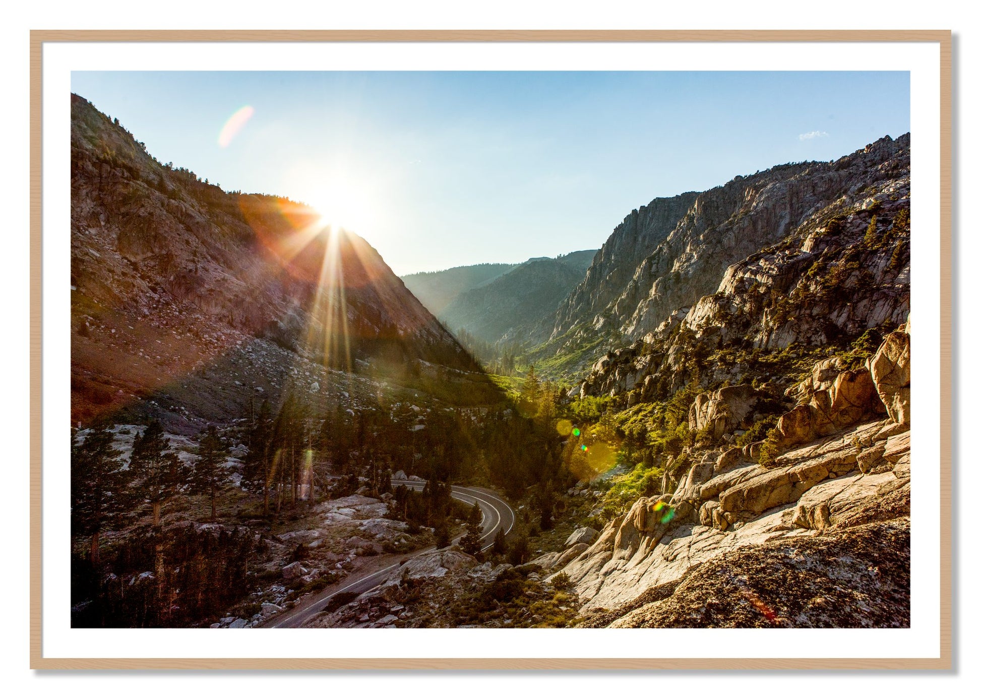Sierra Nevadas by Dylan Ozanich, 40×60 print with a White Border in an Oak frame