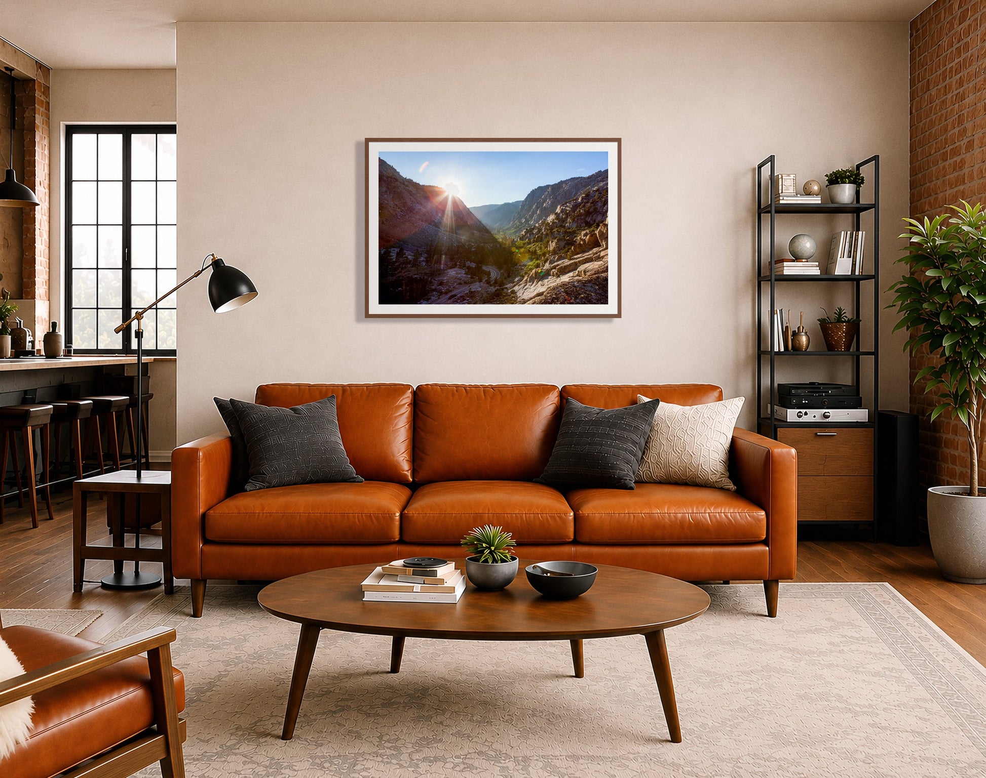 Framed photograph of Sierra Nevadas by Dylan Ozanich displayed on a wall
