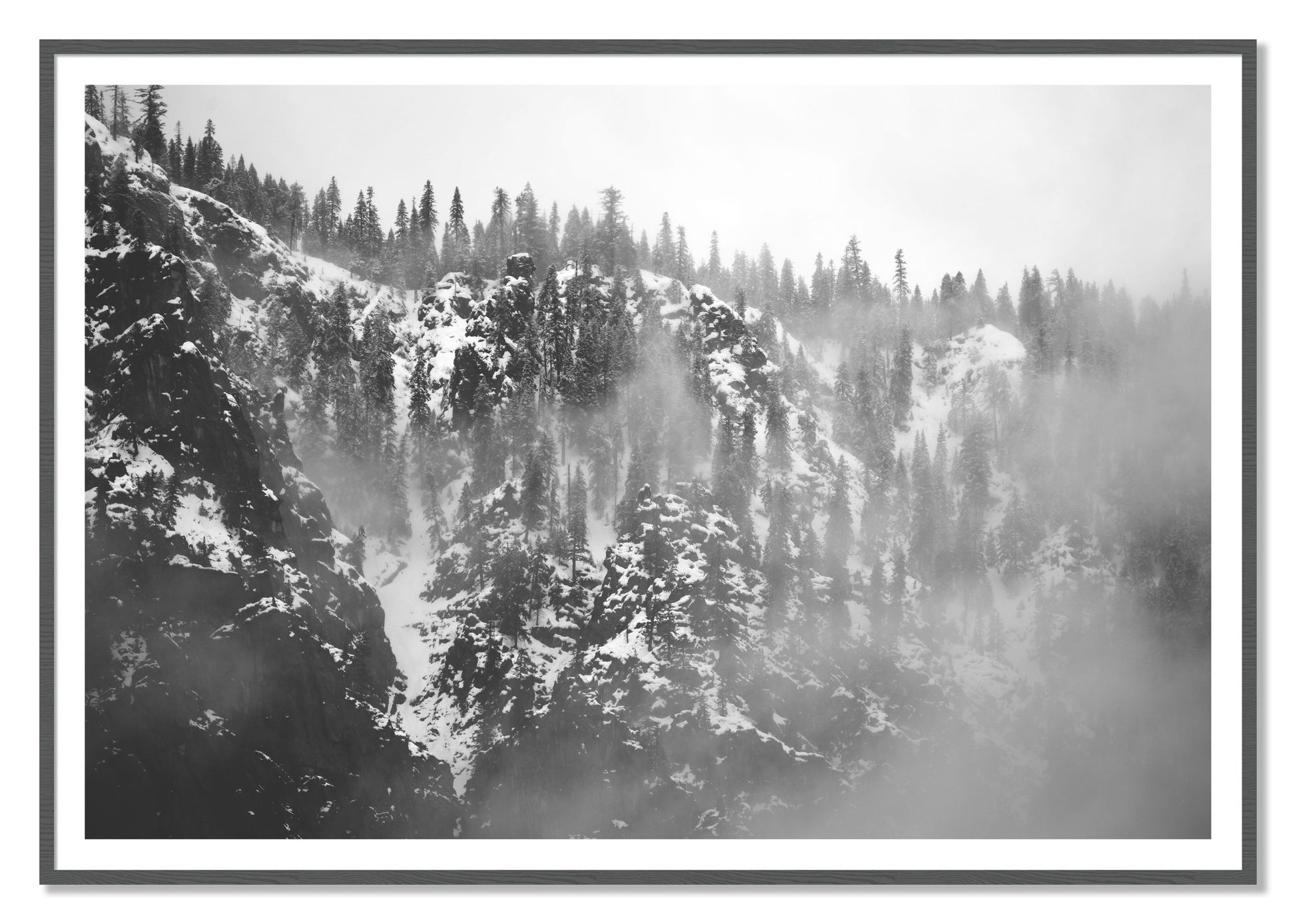 SIerra Snow by Dylan Ozanich, 48×72 print with a White Border in a Grey frame