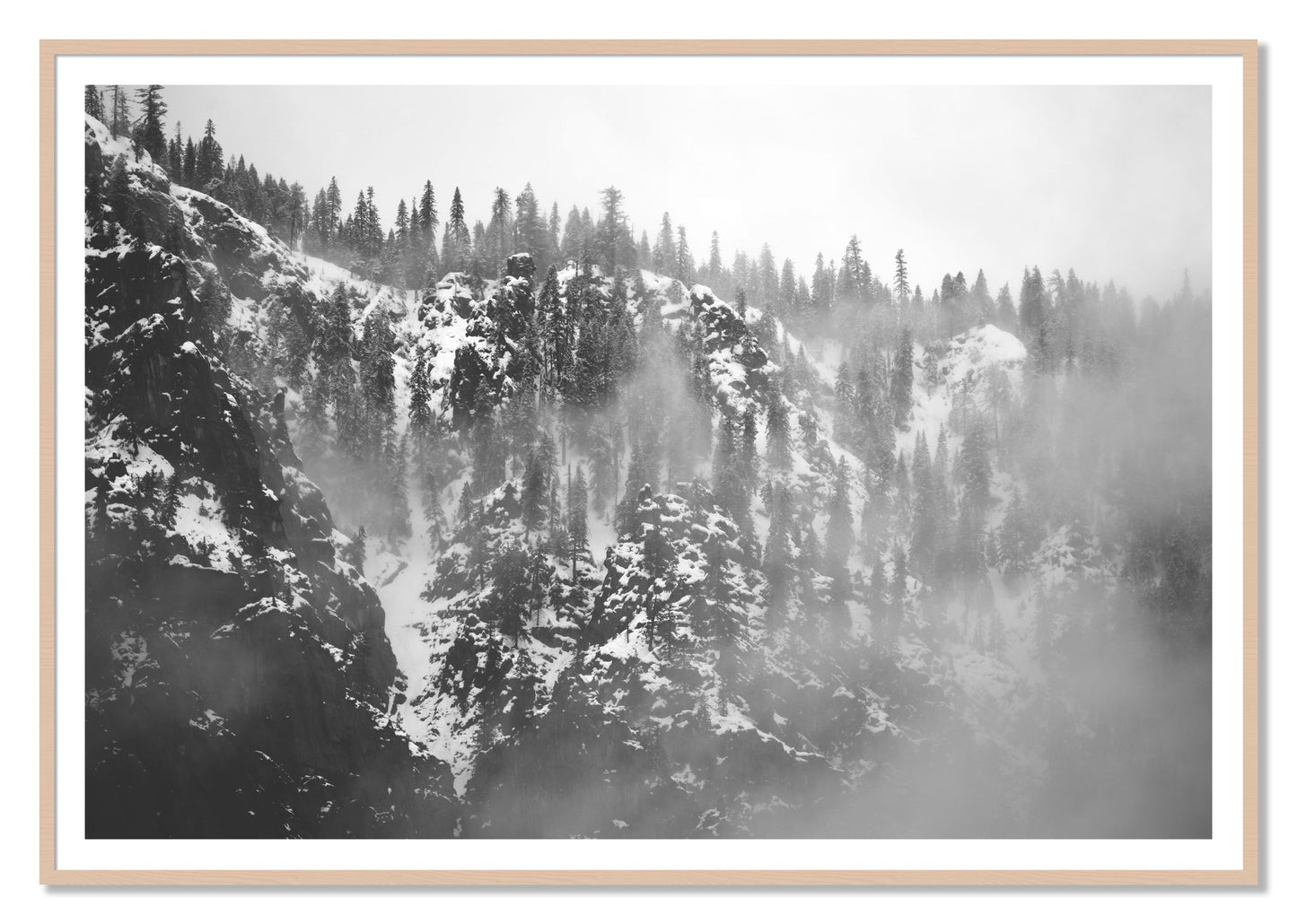 SIerra Snow by Dylan Ozanich, 48×72 print with a White Border in a Maple frame