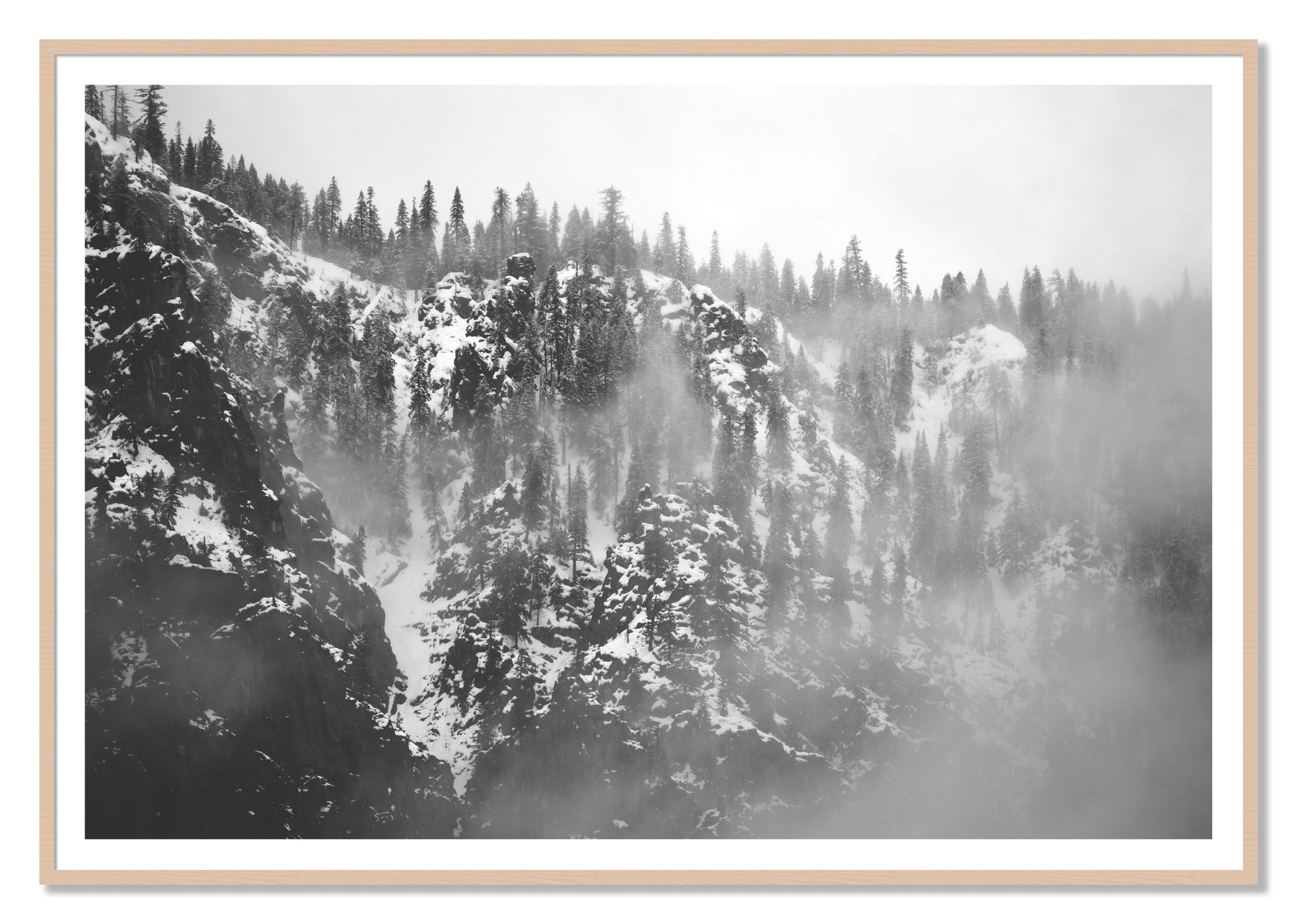 SIerra Snow by Dylan Ozanich, 48×72 print with a White Border in a Maple frame