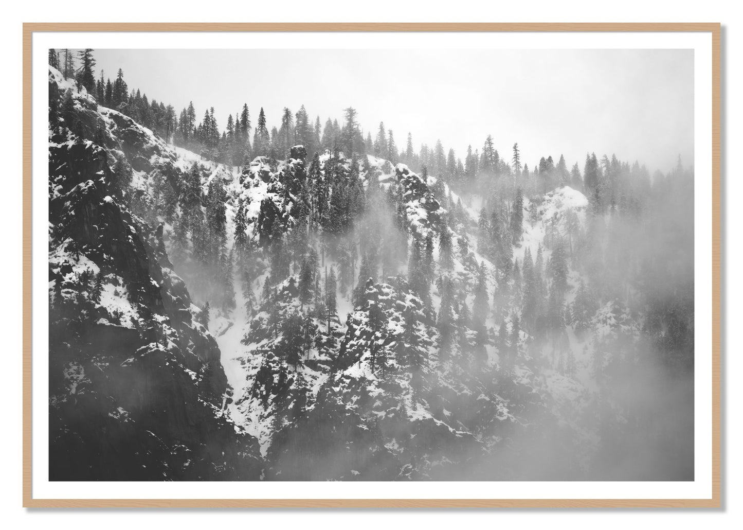 SIerra Snow by Dylan Ozanich, 48×72 print with a White Border in an Oak frame