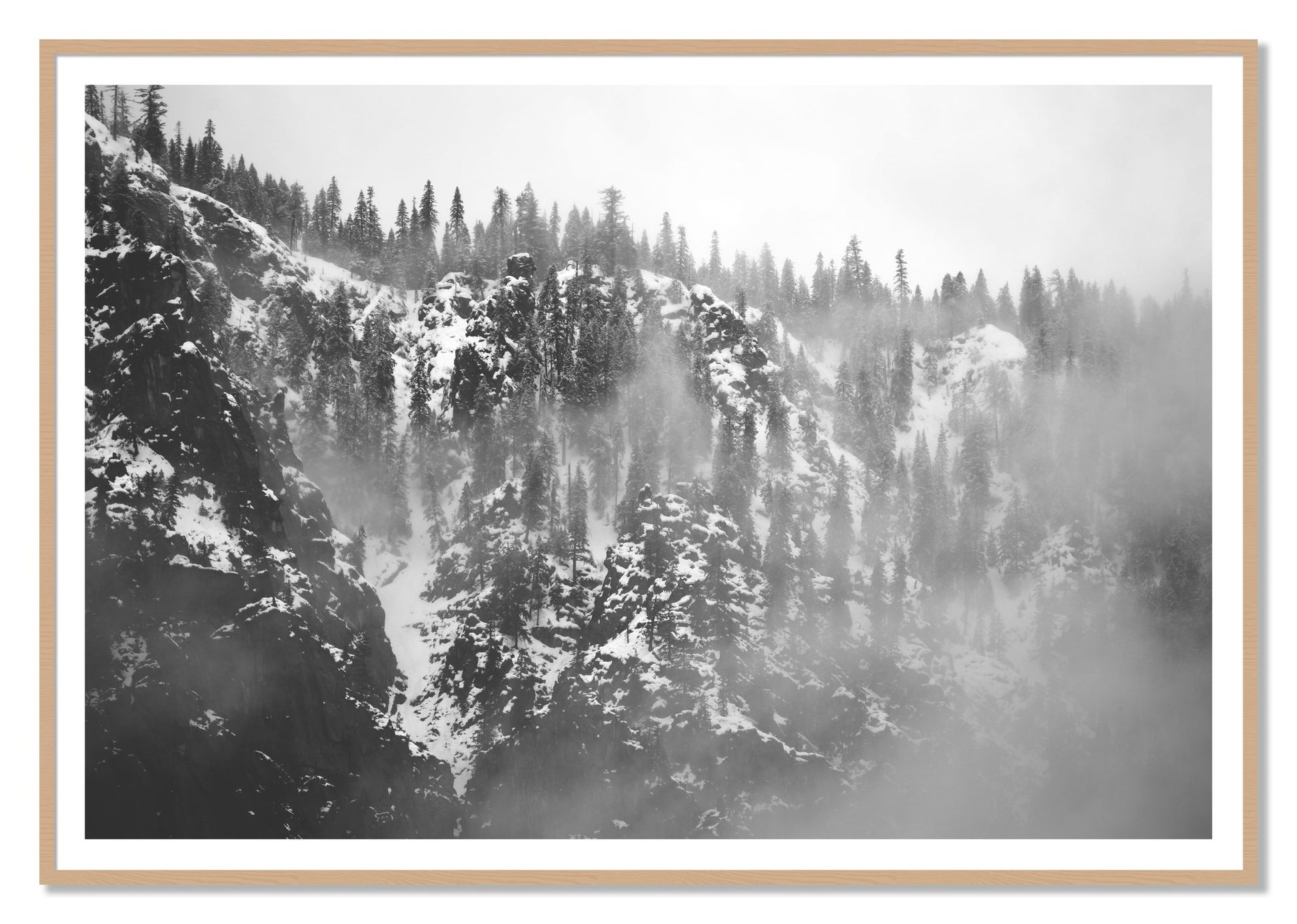 SIerra Snow by Dylan Ozanich, 48×72 print with a White Border in an Oak frame