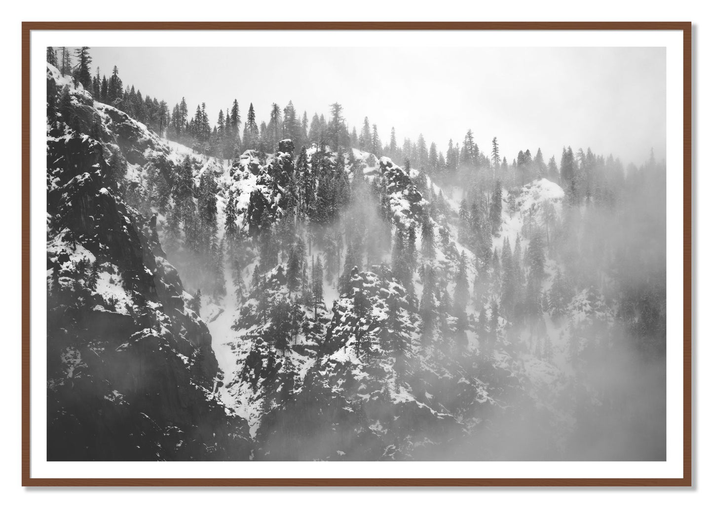 SIerra Snow by Dylan Ozanich, 48×72 print with a White Border in a Walnut frame