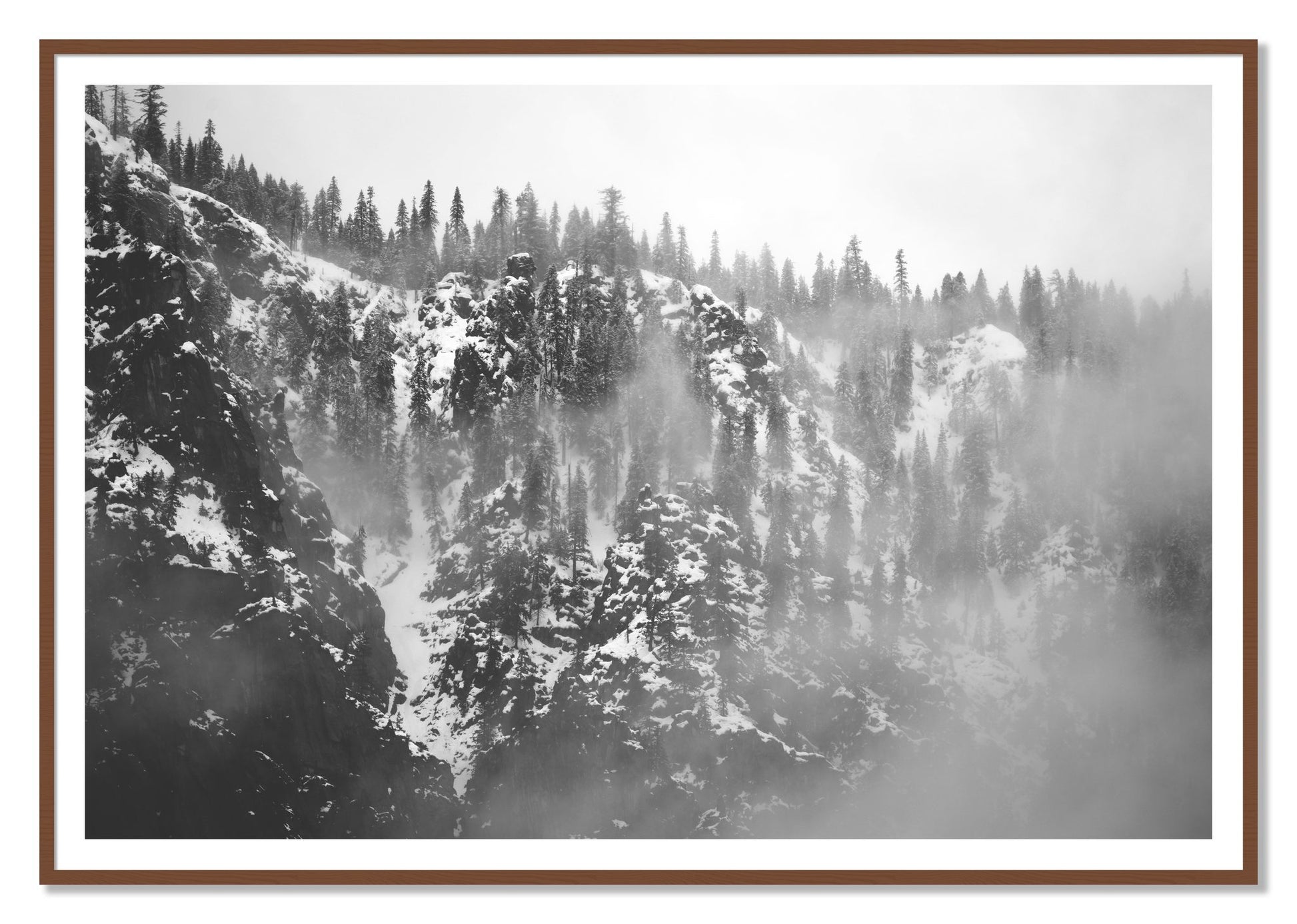 SIerra Snow by Dylan Ozanich, 48×72 print with a White Border in a Walnut frame