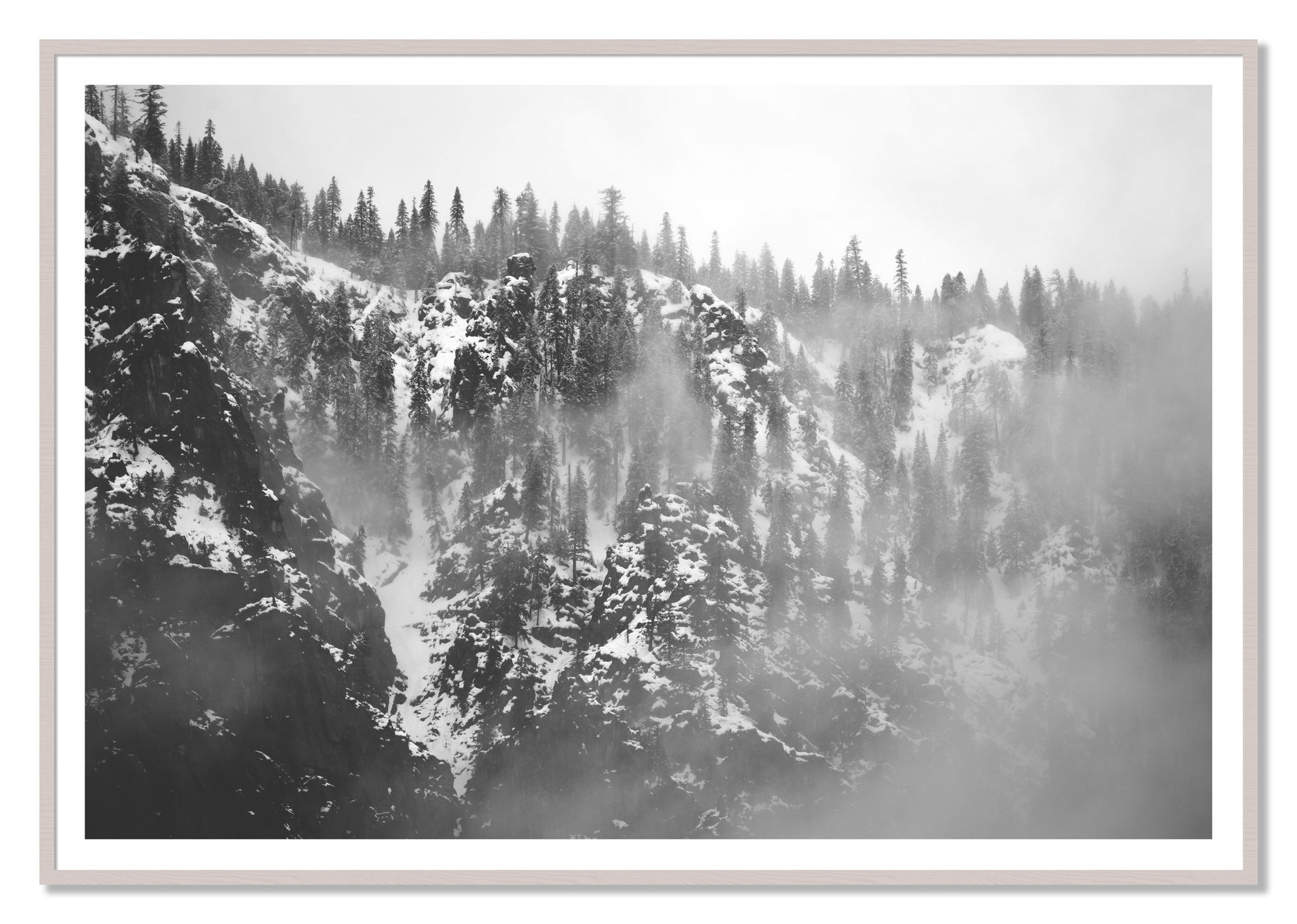 SIerra Snow by Dylan Ozanich, 48×72 print with a White Border in a White Maple frame