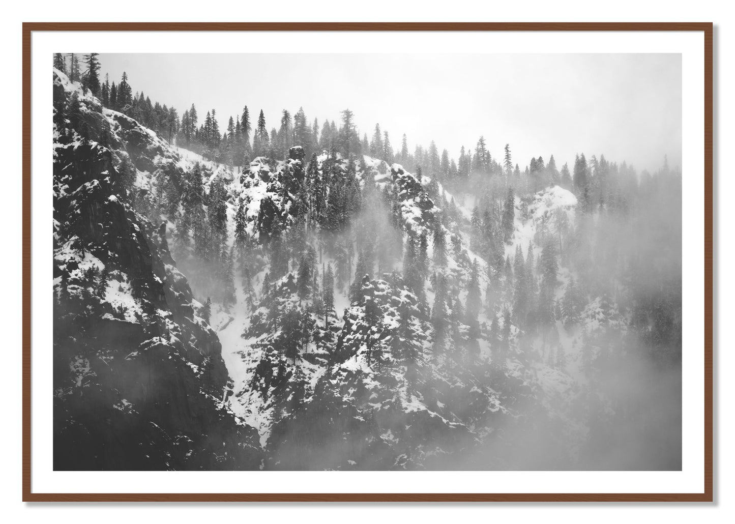 Framed photograph of SIerra Snow by Dylan Ozanich, Walnut frame, Borders