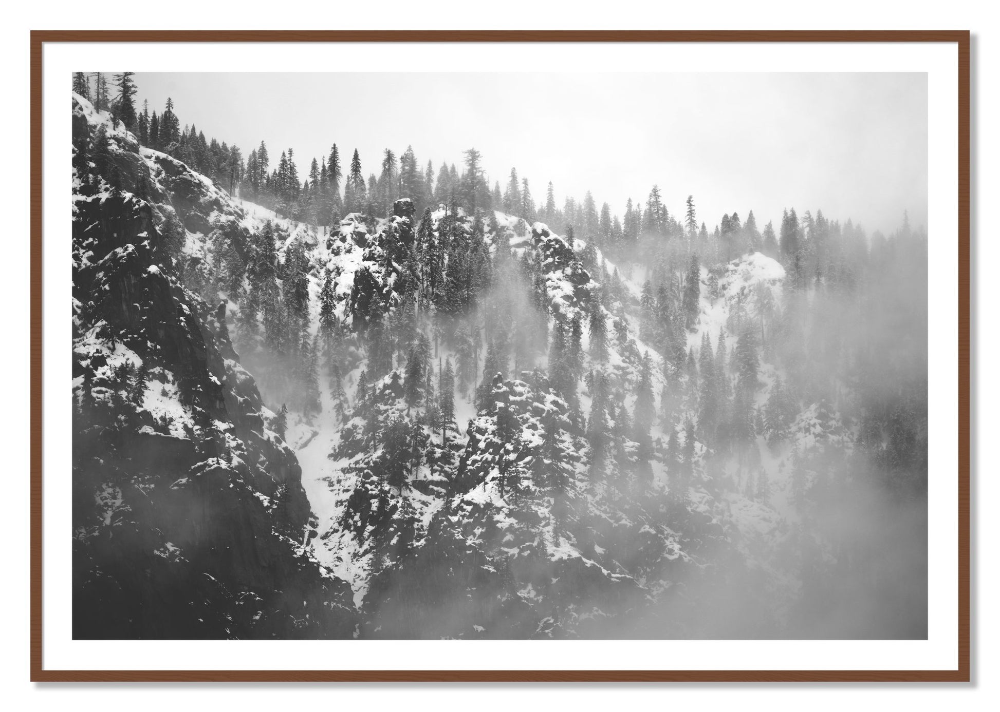 Framed photograph of SIerra Snow by Dylan Ozanich, Walnut frame, Borders