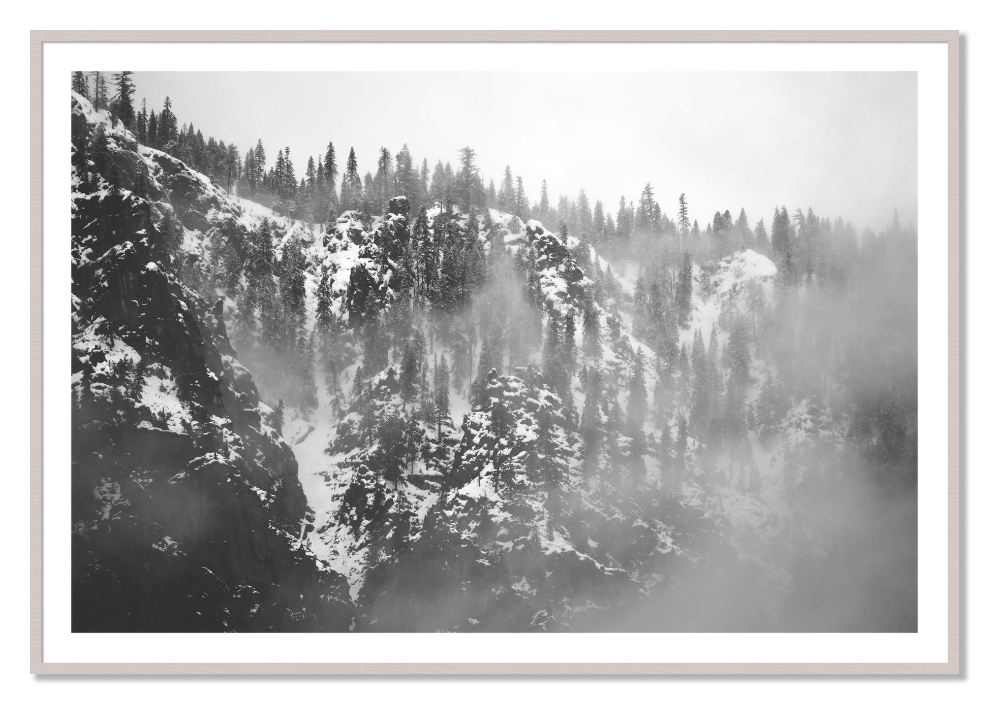 Framed photograph of SIerra Snow by Dylan Ozanich, White Maple frame, Borders