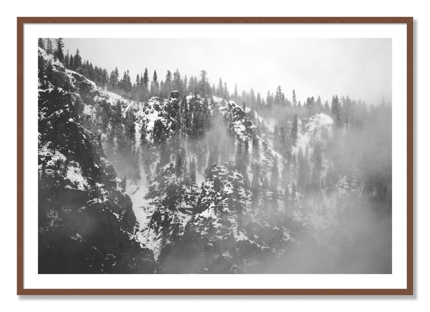 Framed photograph of SIerra Snow by Dylan Ozanich, Walnut frame, Borders